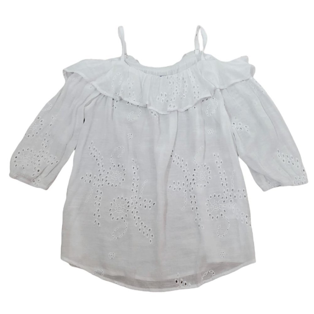 💎227 Simply Styled Cold Shoulder Embroidered Eyelet Cut Top
